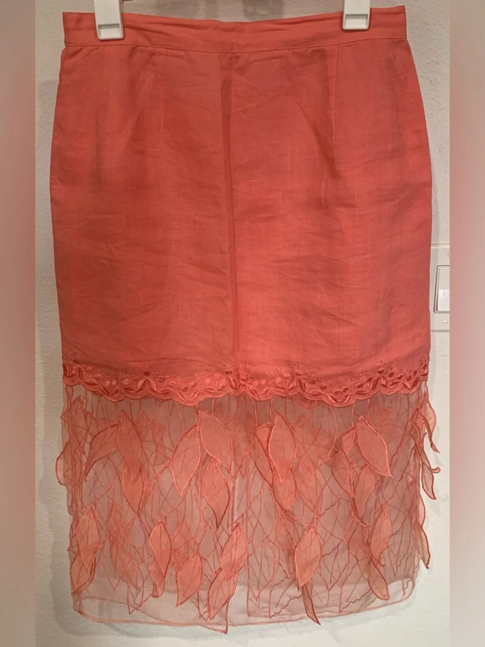 Coral Embroidered Leaf Lace Hem Midi Skirt, 100% linen - Picture 1 of 7